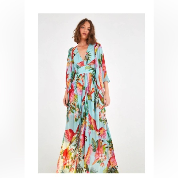 Farm Rio BLUE MACAW MAXI DRESS IN MULTI Size M - Picture 1 of 6